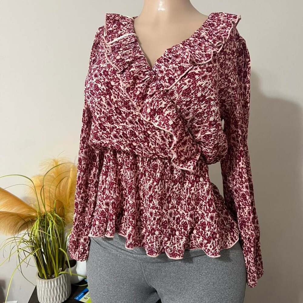 Chenault Burgundy and White Floral Ruffle Wrap Blouse - Size S NWT